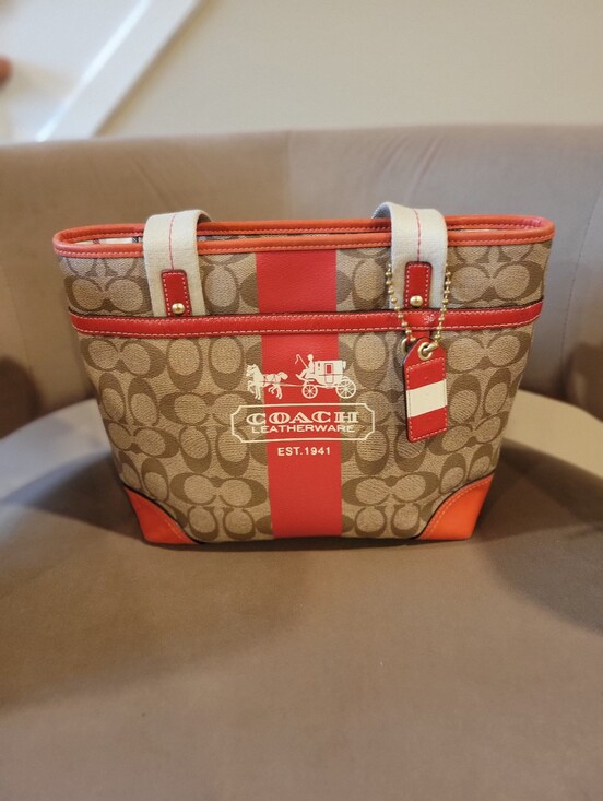Coach Handbags - COACH Signature Tattersall Lining Canvas Tote with Red Accents